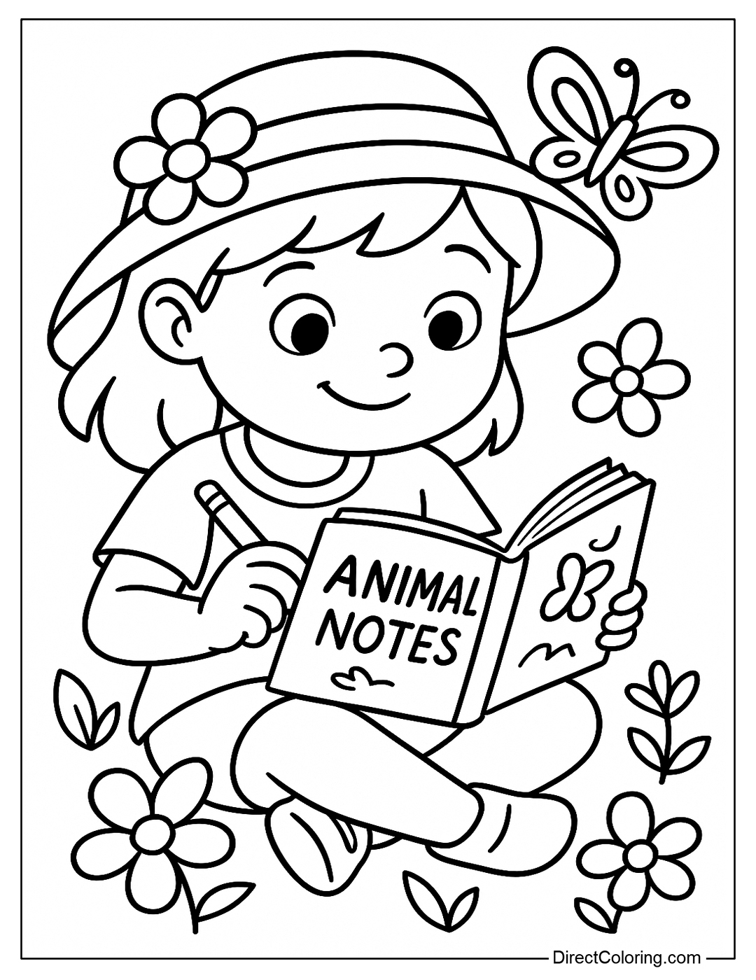 Coloring page of a little girl taking notes after reading a book about animals.